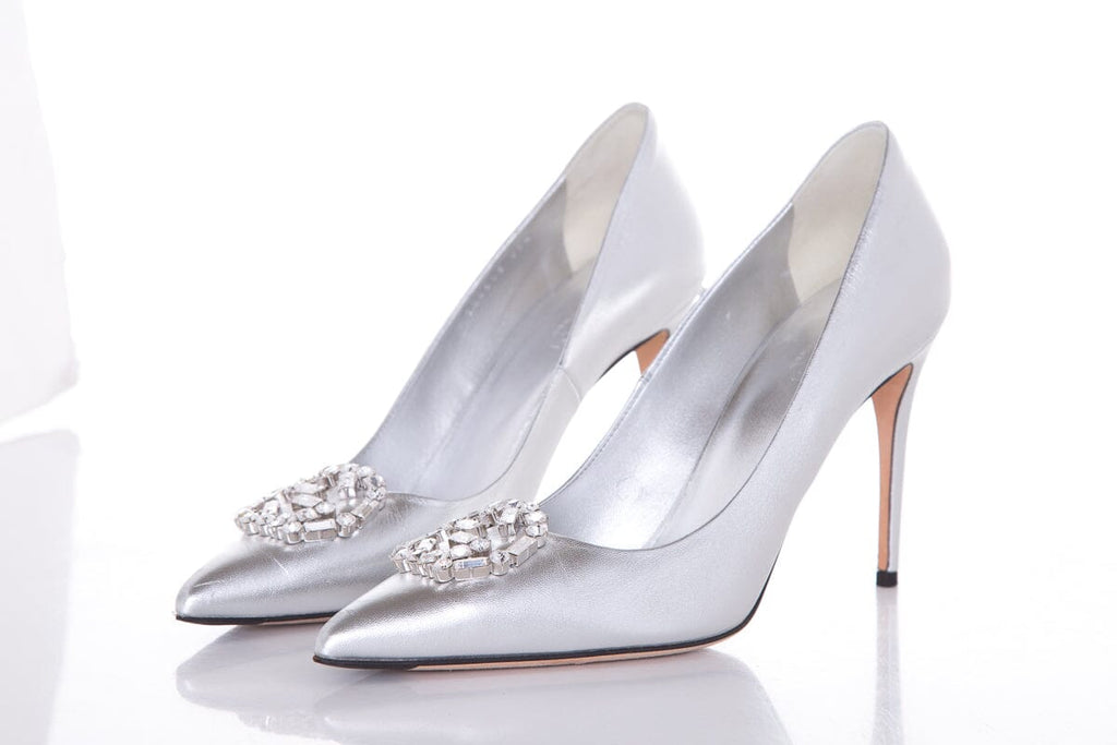 Gucci Metallic Silver Embellished Toe Heels SZ 38.5