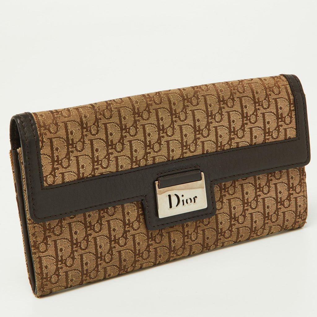 Dior Beige/brown Oblique Canvas And Leather Flap Continental Wallet
