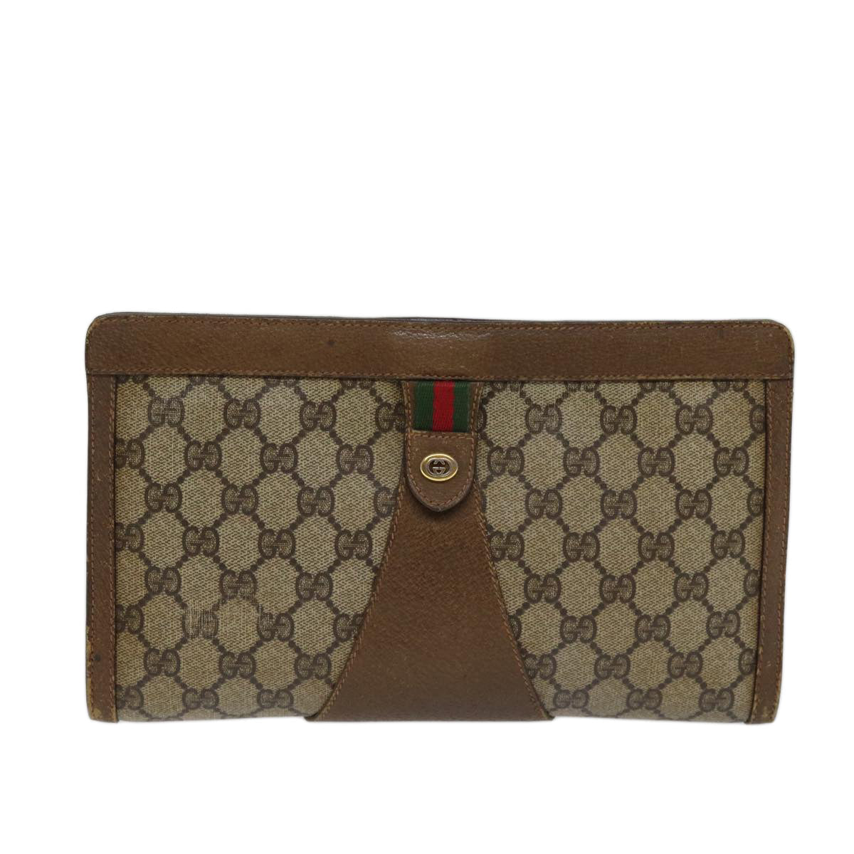 GUCCI GG Supreme Web Sherry Line Clutch Bag PVC Beige Green 89 01 033 72043