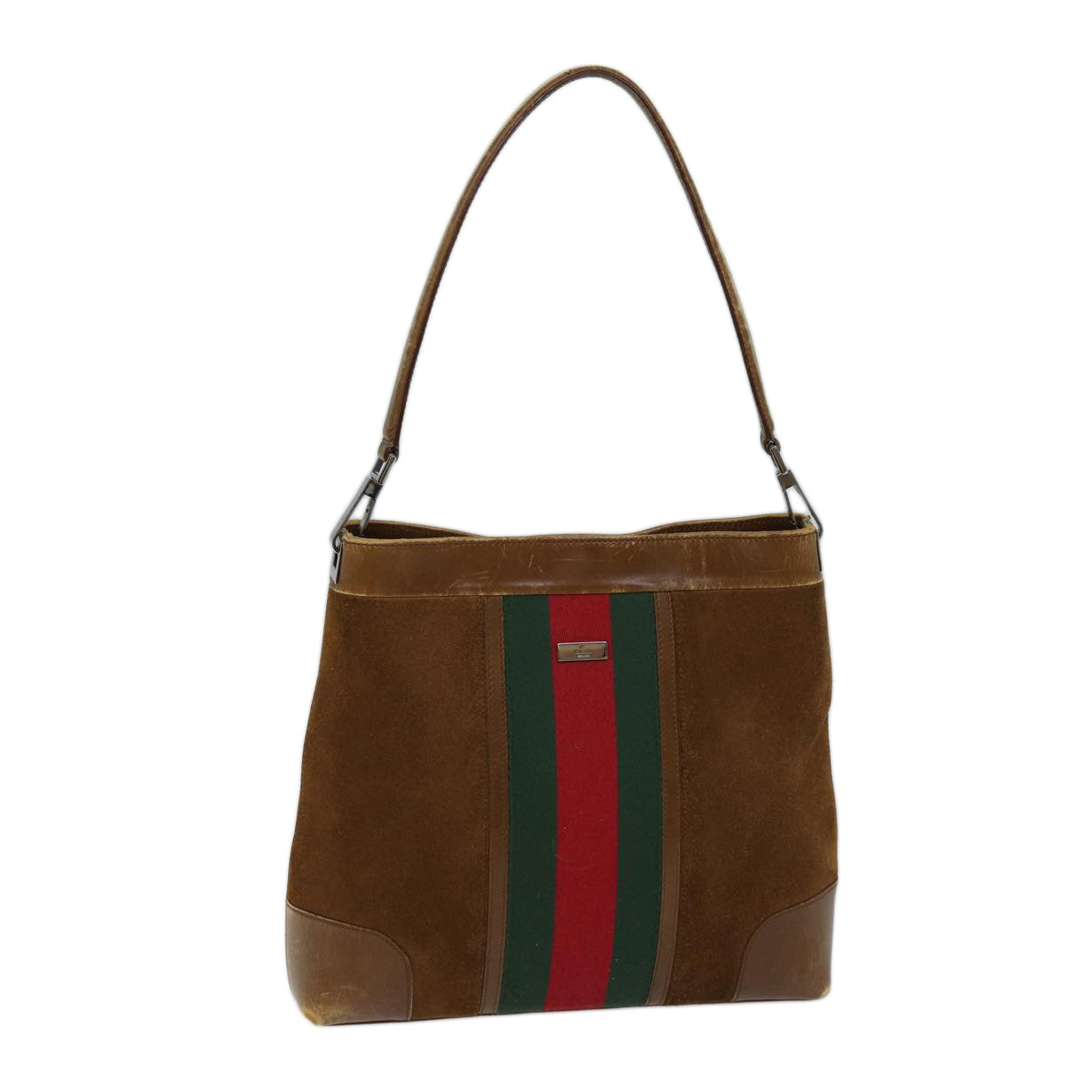 GUCCI Web Sherry Line Shoulder Bag Suede Brown Red Green 33900 72093