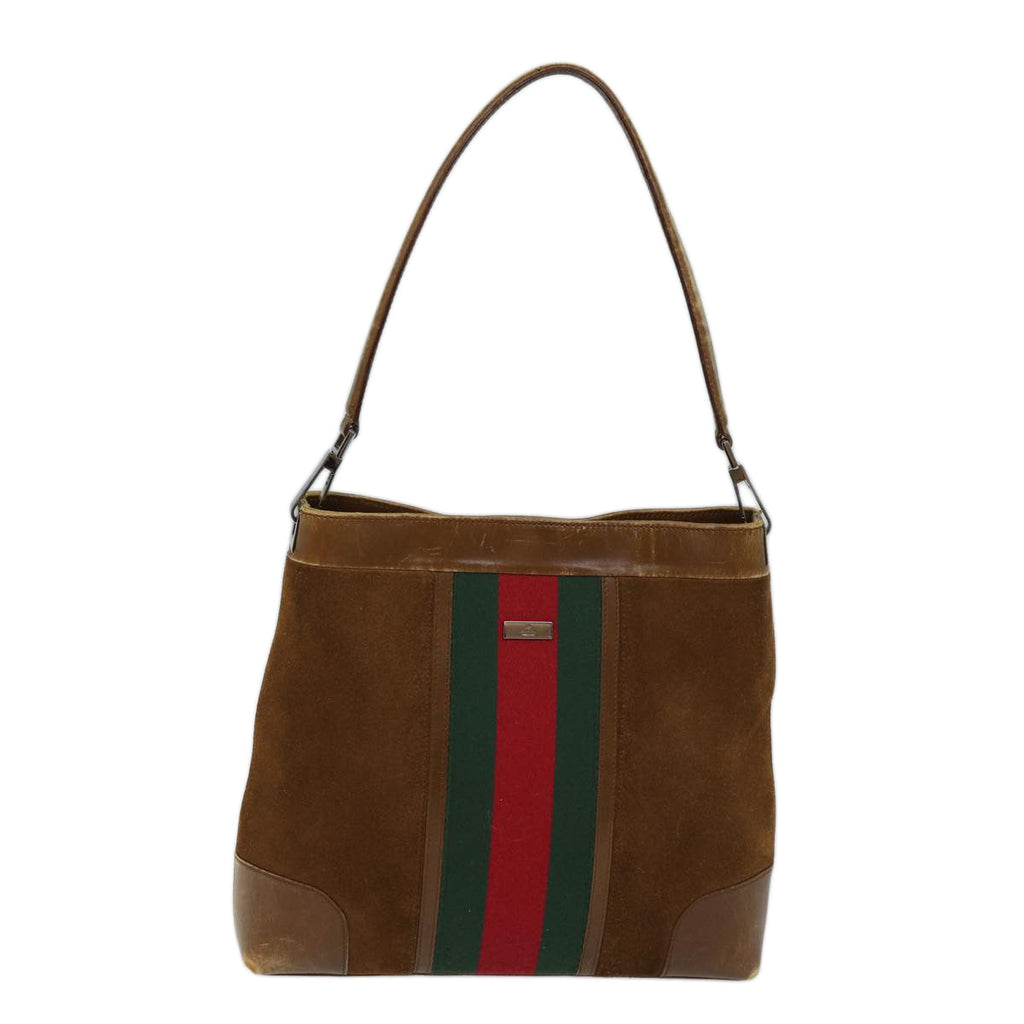 GUCCI Web Sherry Line Shoulder Bag Suede Brown Red Green 33900 72093