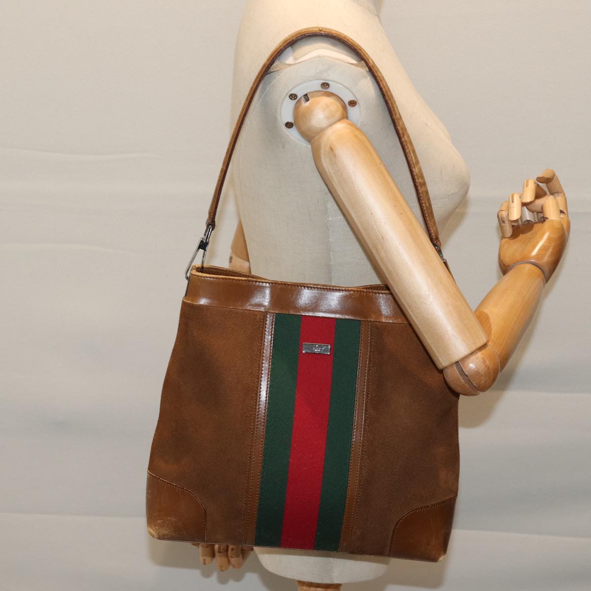 GUCCI Web Sherry Line Shoulder Bag Suede Brown Red Green 33900 72093