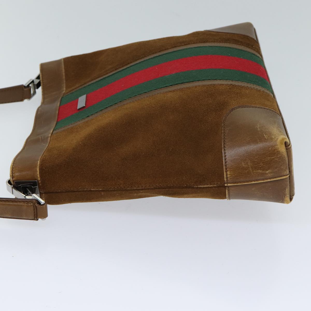 GUCCI Web Sherry Line Shoulder Bag Suede Brown Red Green 33900 72093