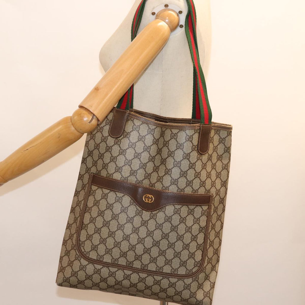 GUCCI GG Canvas Web Sherry Line Tote Bag PVC Beige Green Red 72147