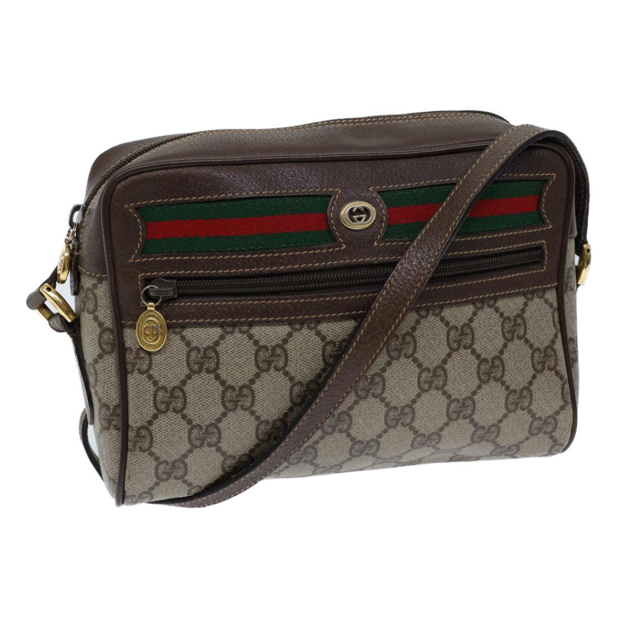 GUCCI GG Canvas Web Sherry Line Shoulder Bag PVC Beige Green Red 72150