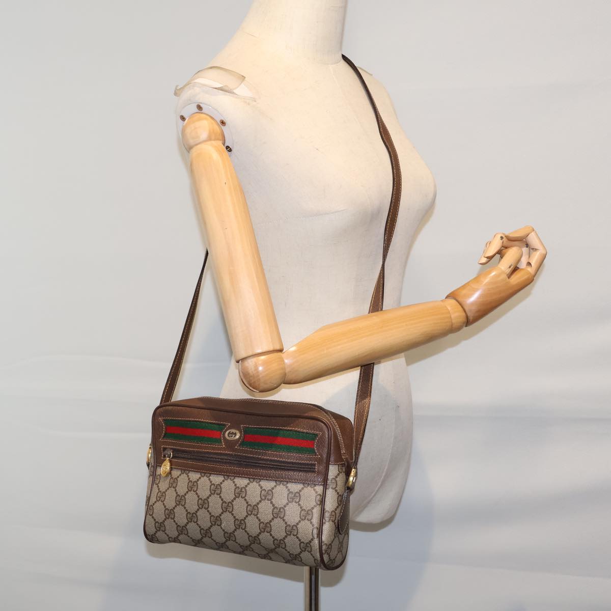 GUCCI GG Canvas Web Sherry Line Shoulder Bag PVC Beige Green Red 72150