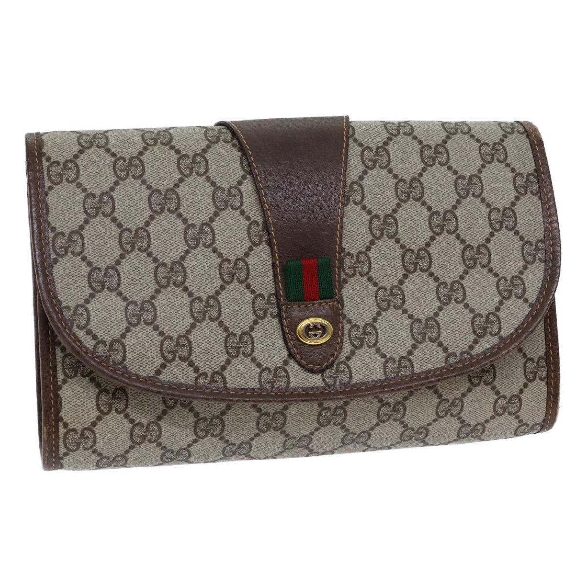 GUCCI GG Canvas Web Sherry Line Clutch Bag PVC Beige Green Red 72156