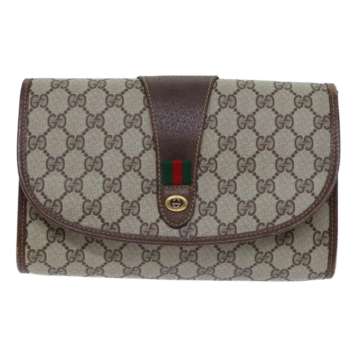 GUCCI GG Canvas Web Sherry Line Clutch Bag PVC Beige Green Red 72156