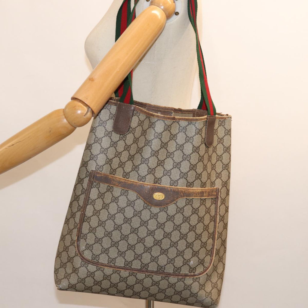 GUCCI GG Canvas Web Sherry Line Tote Bag PVC Beige Green Red 72160