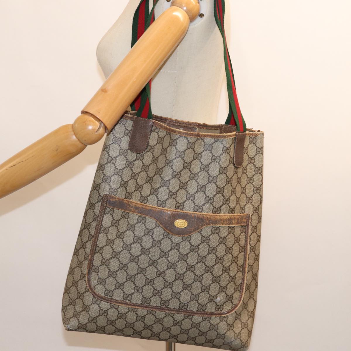 GUCCI GG Canvas Web Sherry Line Tote Bag PVC Beige Green Red 72160