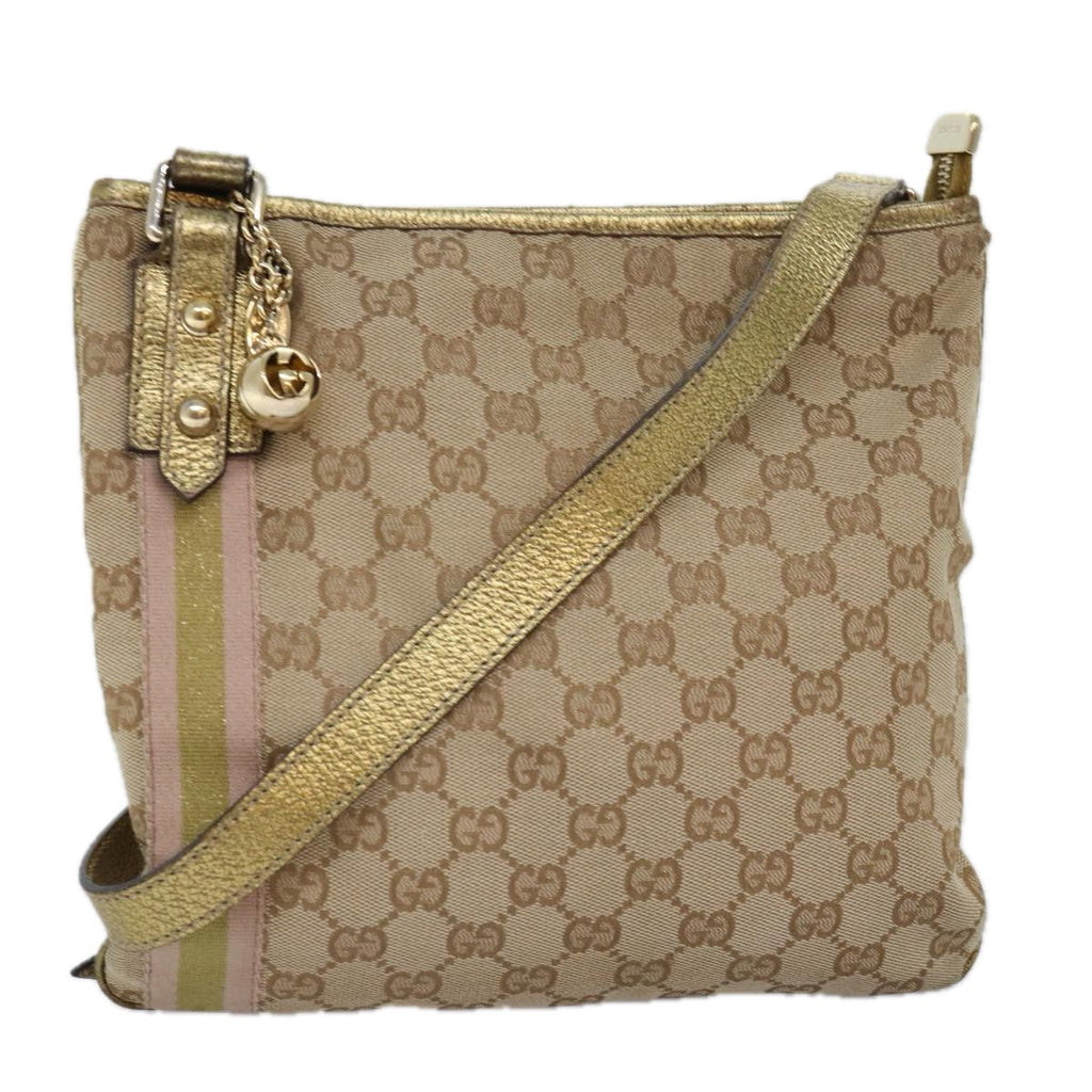 GUCCI GG Canvas Sherry Line Shoulder Bag Gold Beige pink 144388 72295