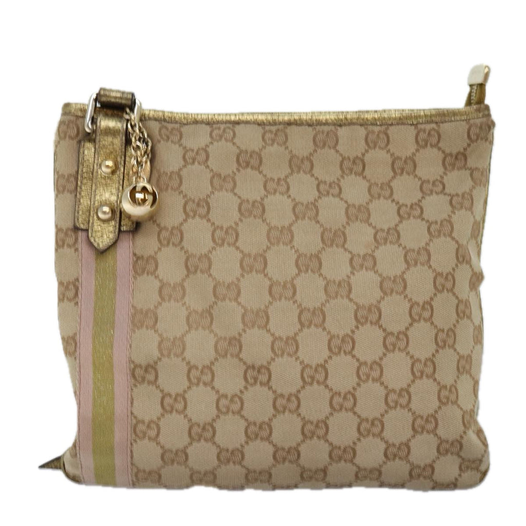 GUCCI GG Canvas Sherry Line Shoulder Bag Gold Beige pink 144388 72295