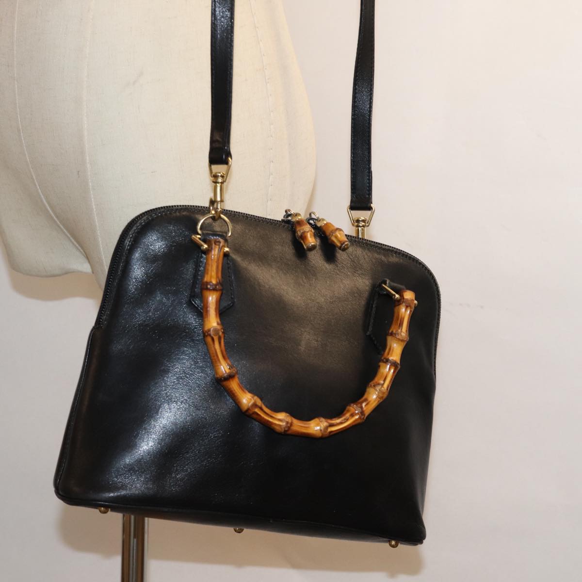 GUCCI Bamboo Hand Bag Leather 2way Black 72549