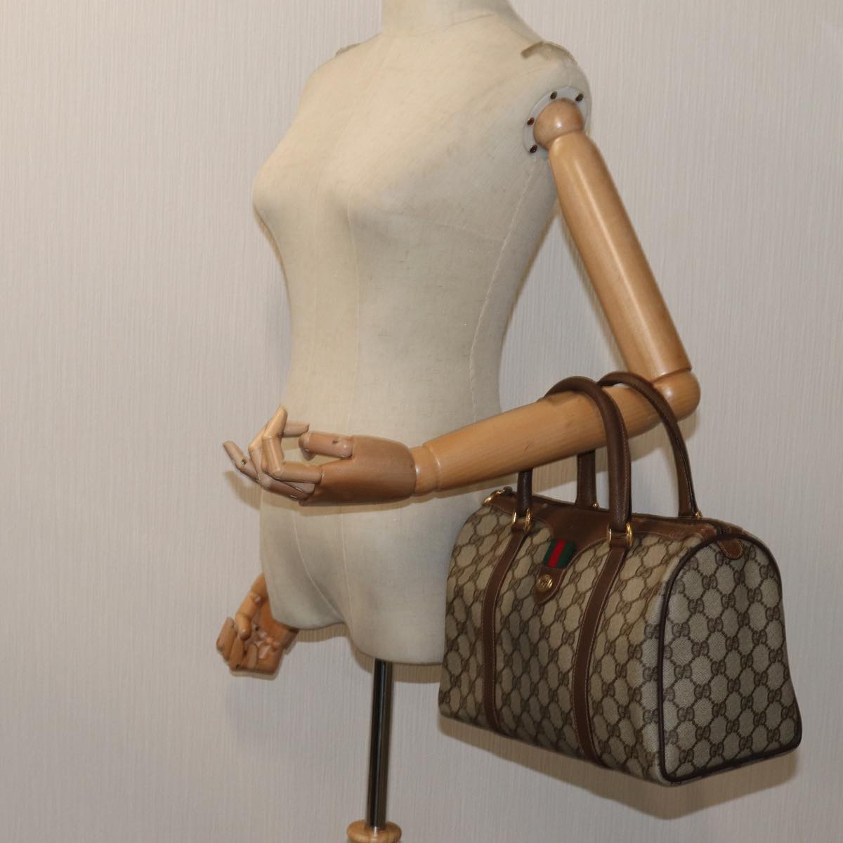 GUCCI GG Canvas Web Sherry Line Boston Bag PVC Beige Green Red 72596