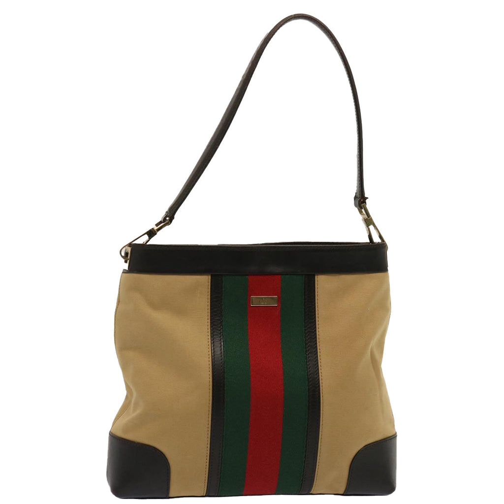 GUCCI Web Sherry Line Shoulder Bag Canvas Beige Green Red 001 4231 73115