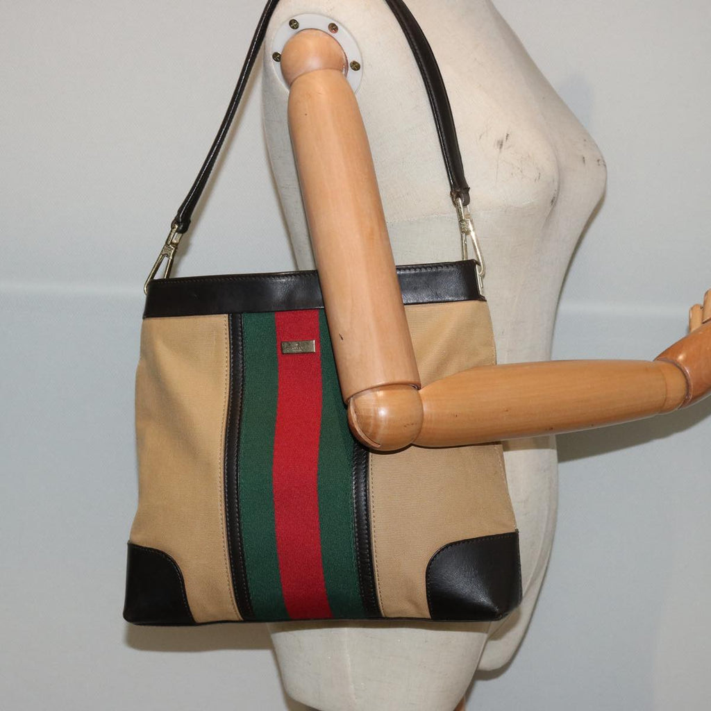 GUCCI Web Sherry Line Shoulder Bag Canvas Beige Green Red 001 4231 73115