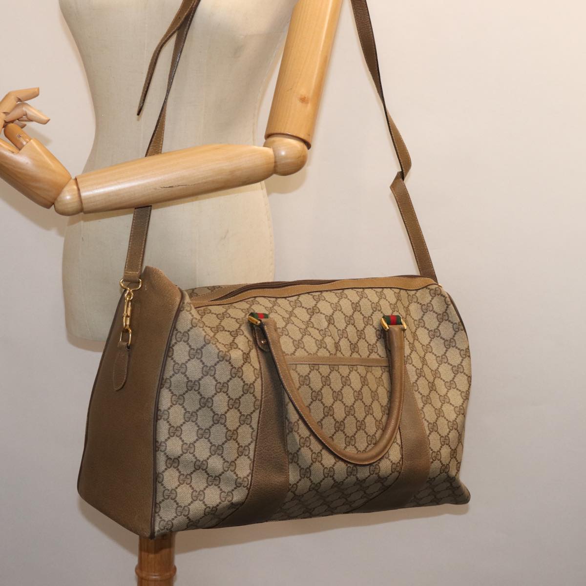 GUCCI GG Supreme Web Sherry Line Boston Bag PVC Beige Red 40 02 073 73139