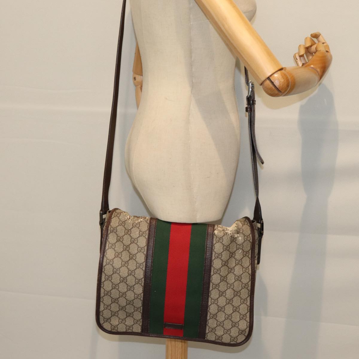 GUCCI GG Supreme Web Sherry Line Shoulder Bag PVC Beige Red 145844 73376