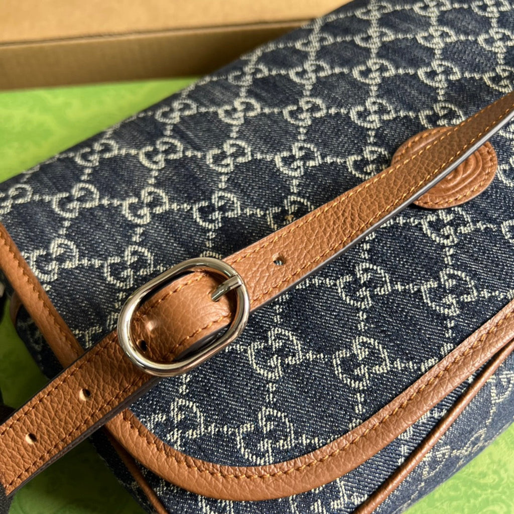 gg Children’s gg  Messenger Bag Dark Blue And Ivory Eco Washed Organic gg Jacquard Denim For Women  11.4in/29cm gg