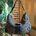 VALENTINO Brown Black Leather Tweed Wooden Crystal Embellished V Logo Hobo Bag TS3832