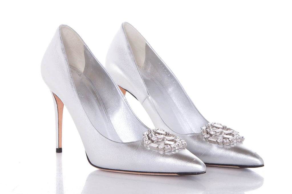 Gucci Metallic Silver Embellished Toe Heels SZ 38.5