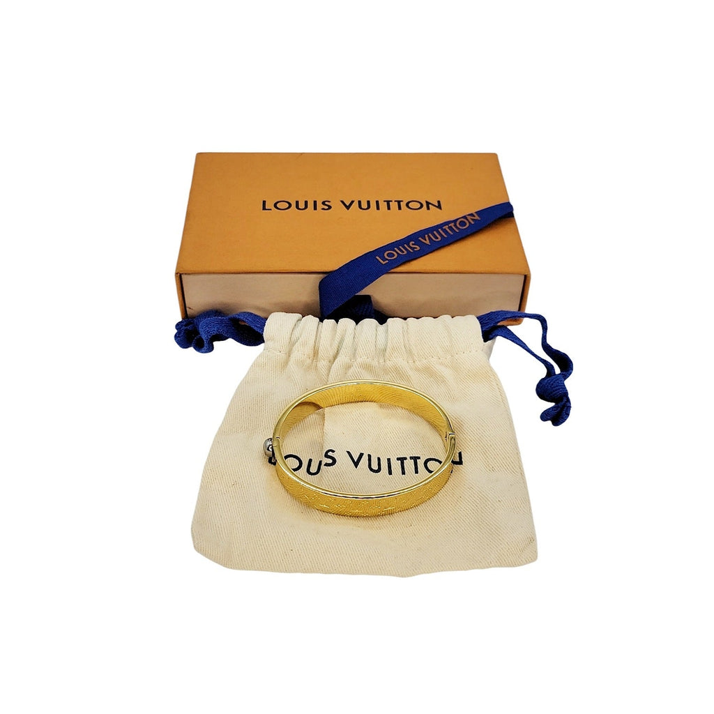 Louis Vuitton Gold Nanogram Hinged Cuff Bracelet Sz 6.5