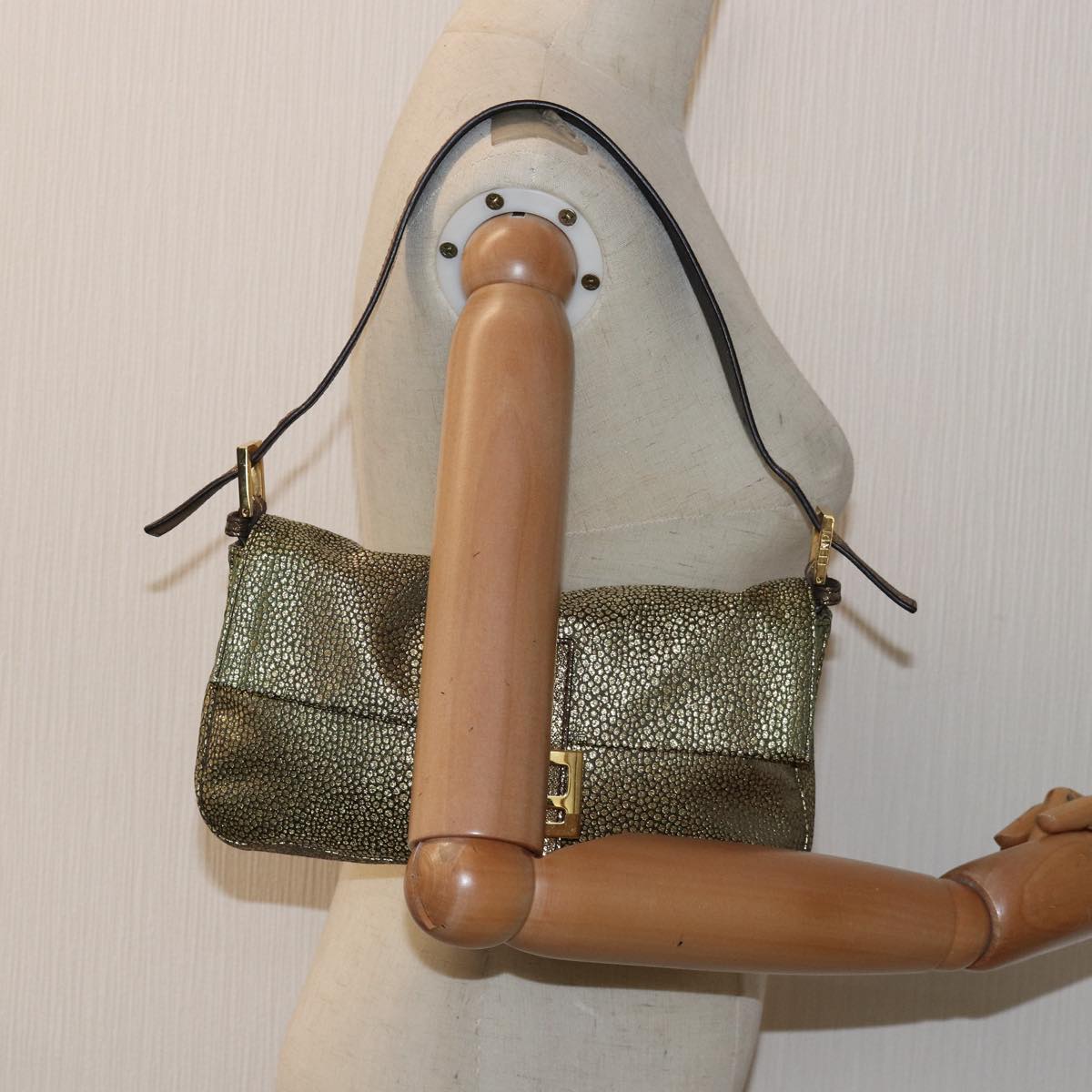 FENDI Mamma Baguette Shoulder Bag Canvas Gold Tone 40883613 74891A