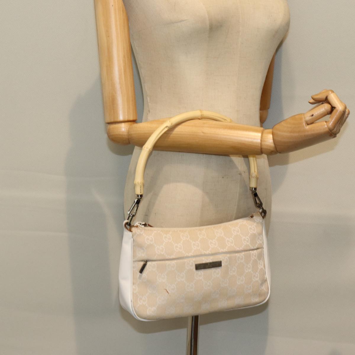 GUCCI Bamboo GG Canvas Hand Bag White 001 3870 74977