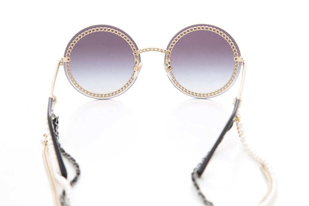 Chanel Black Round Pearl Chain Detail Sunglasses