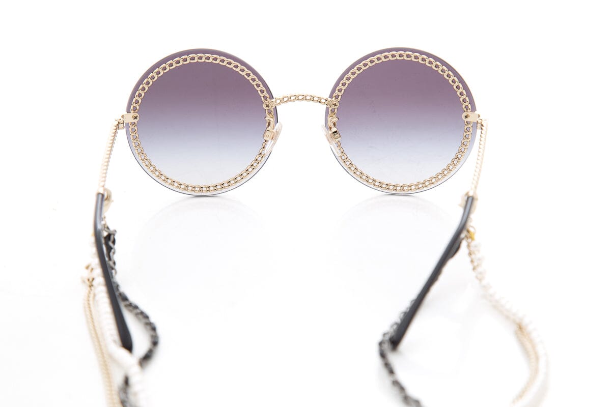Chanel Black Round Pearl Chain Detail Sunglasses