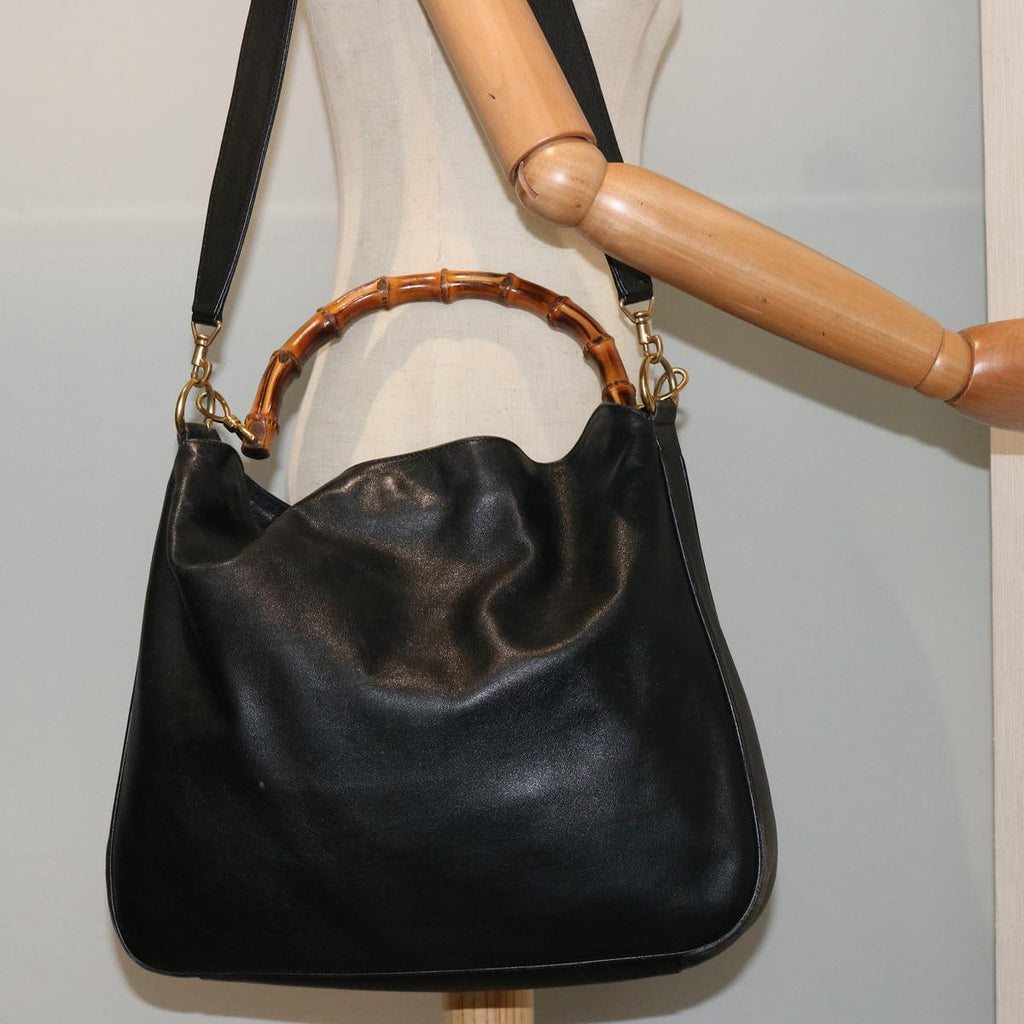 GUCCI Bamboo Hand Bag Leather 2way Black 001 2404 1577 75509