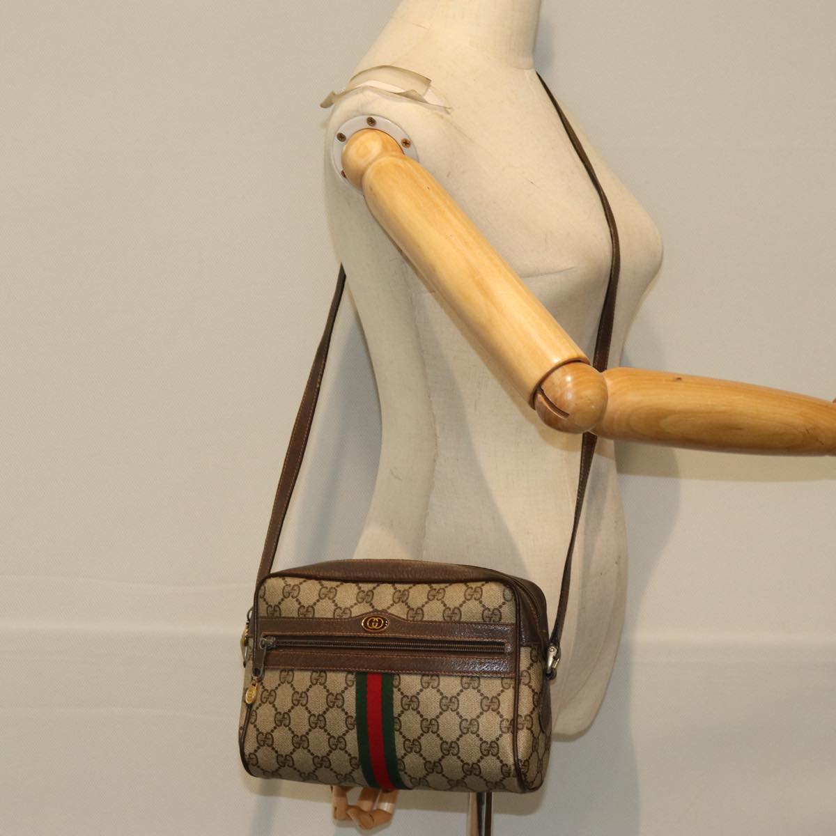 GUCCI Web Sherry Line GG Supreme Shoulder Bag PVC Beige Red 89 02 004 75563