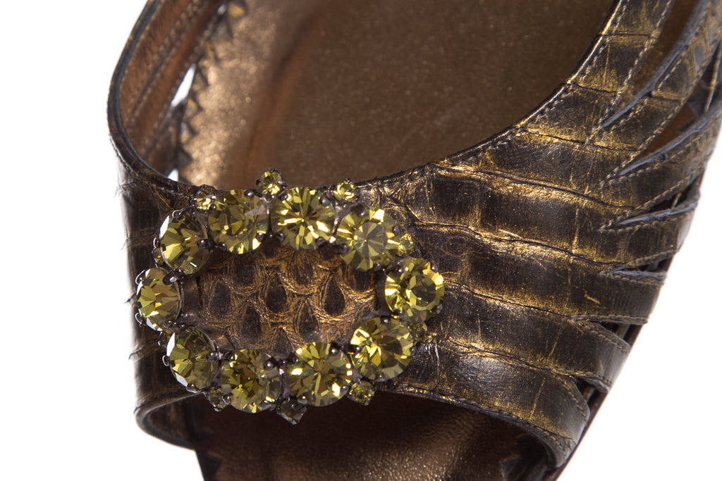 Manolo Blahnik Olive Embossed Exotic Leather Mules SZ 39