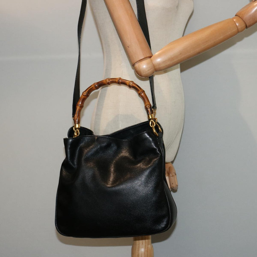 GUCCI Bamboo Hand Bag Leather 2way Black 001 14 1638 75604