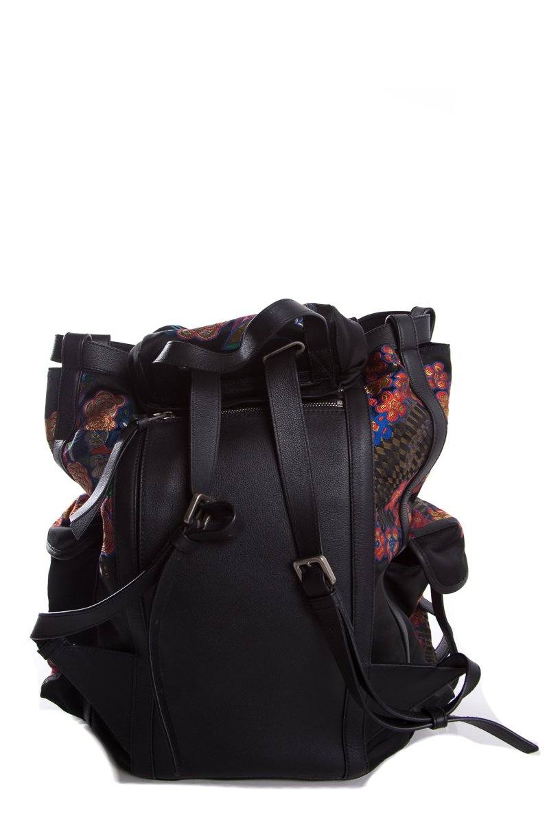 Loewe Black Leather & Multicolor Oriental Silk Print Backpack
