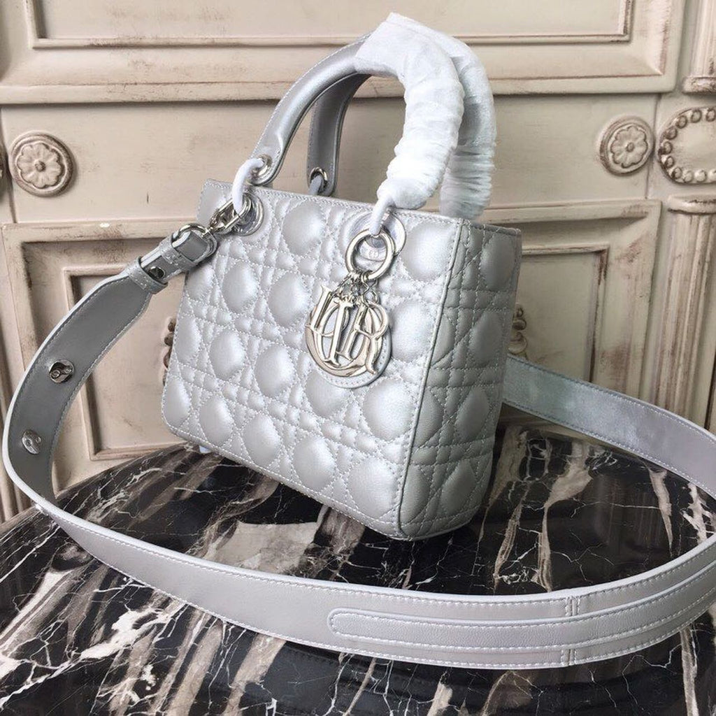 GLAMI Small Opaline Gray PearlesGLAMInt Cannage Lady Bag Hardware Pearl Silver For Women 8in/20cm CD