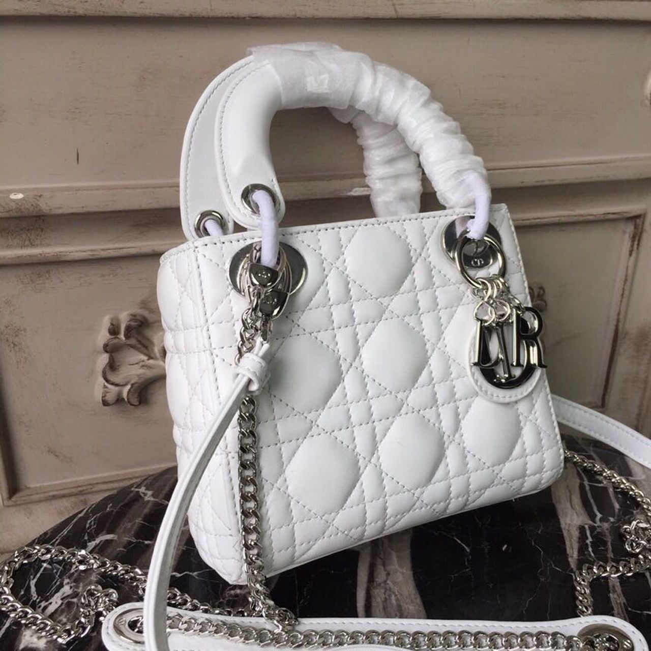 GLAMI Mini Lady Bag White Chain Silver Hardware For Women 17cm/6.5in CD