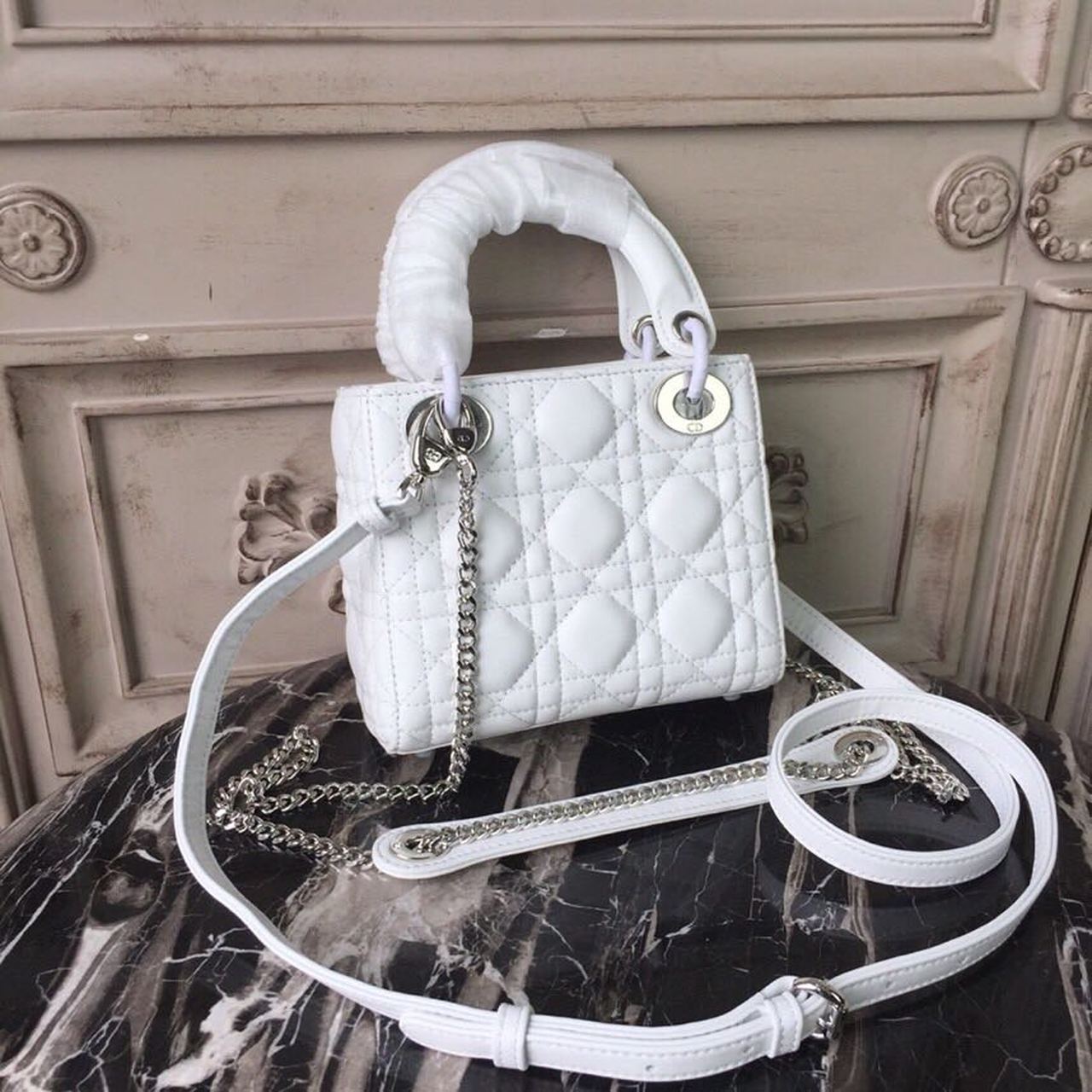 GLAMI Mini Lady Bag White Chain Silver Hardware For Women 17cm/6.5in CD