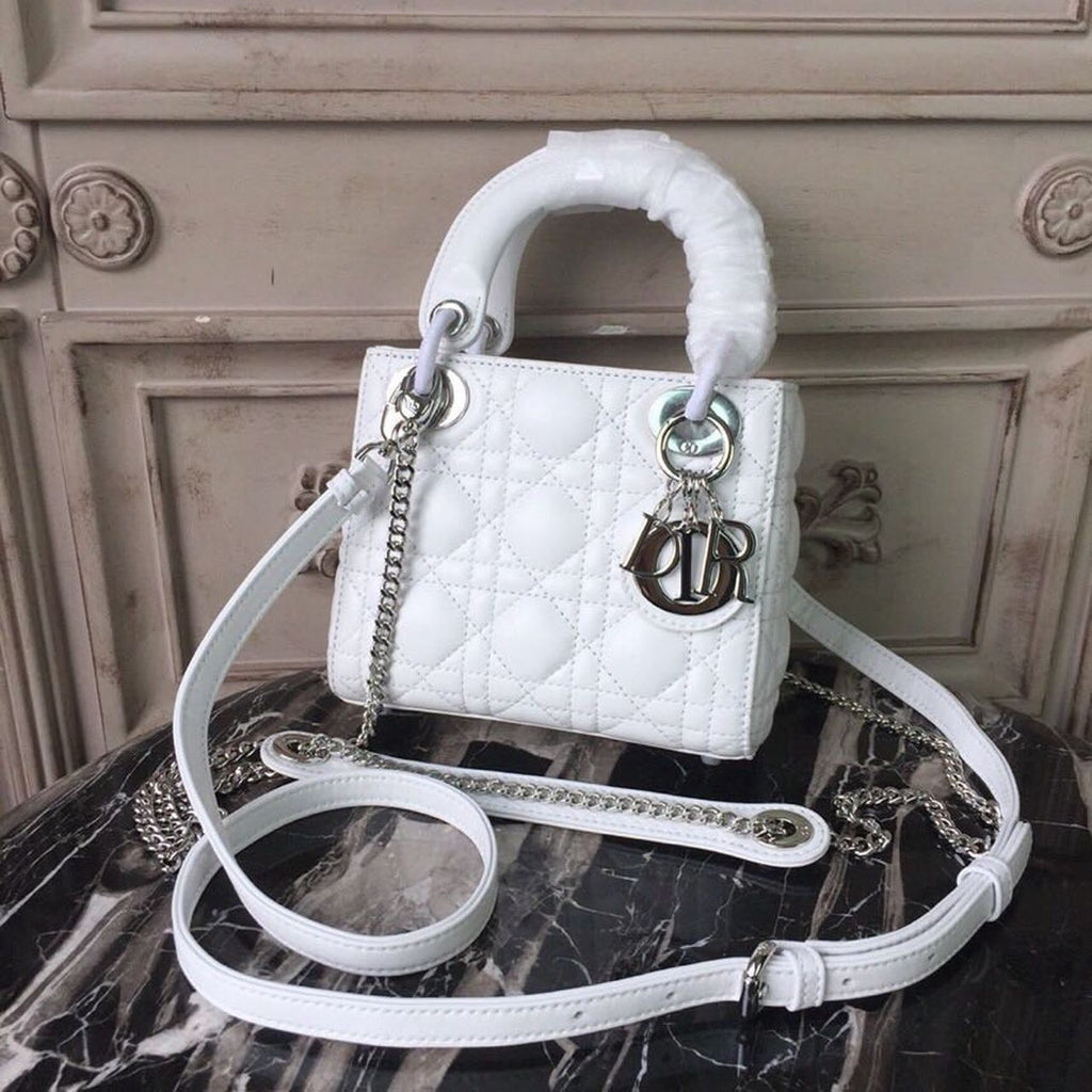 GLAMI Mini Lady Bag White Chain Silver Hardware For Women 17cm/6.5in CD