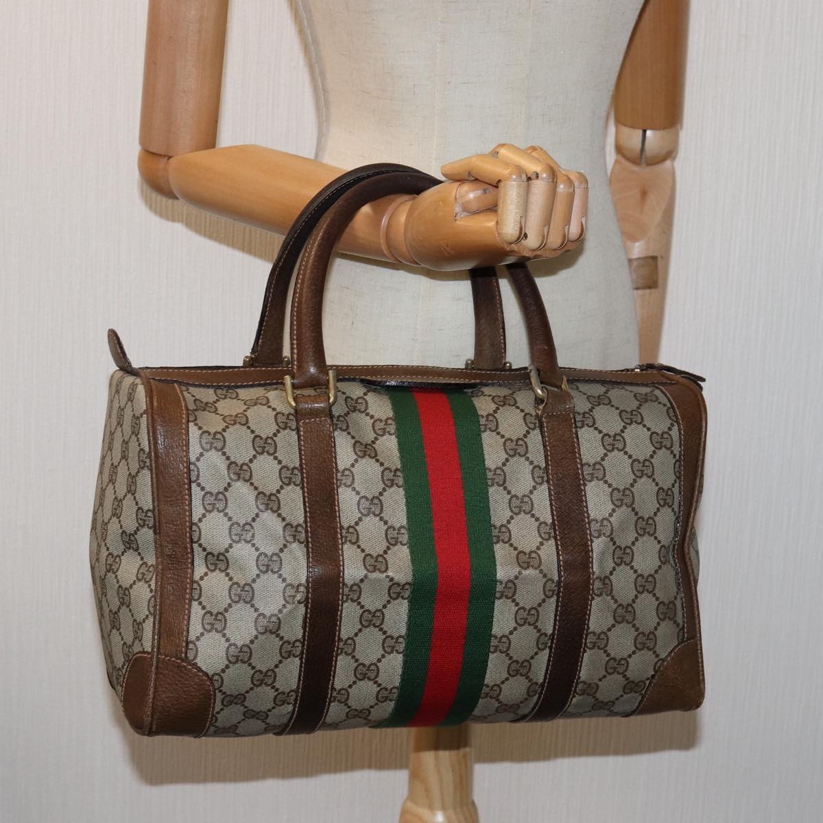 GUCCI GG Supreme Web Sherry Line Boston Bag PVC Beige Red Green 75964