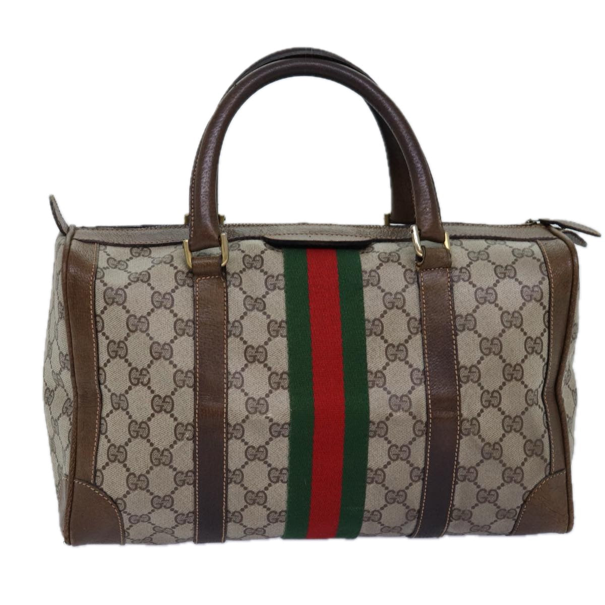 GUCCI GG Supreme Web Sherry Line Boston Bag PVC Beige Red Green 75964