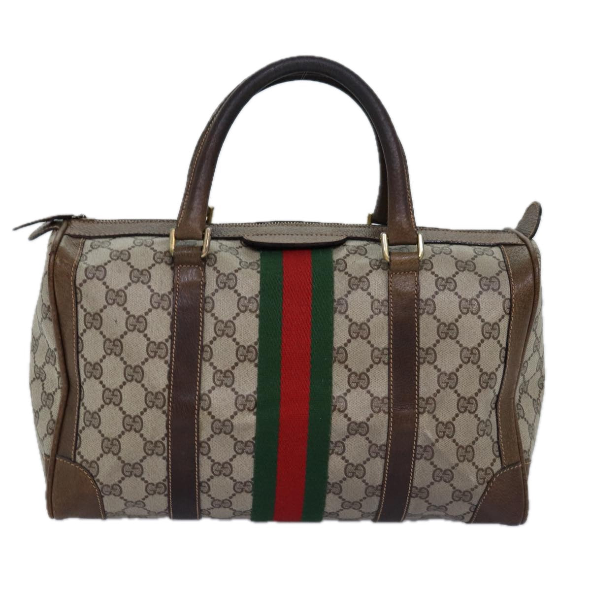 GUCCI GG Supreme Web Sherry Line Boston Bag PVC Beige Red Green 75964