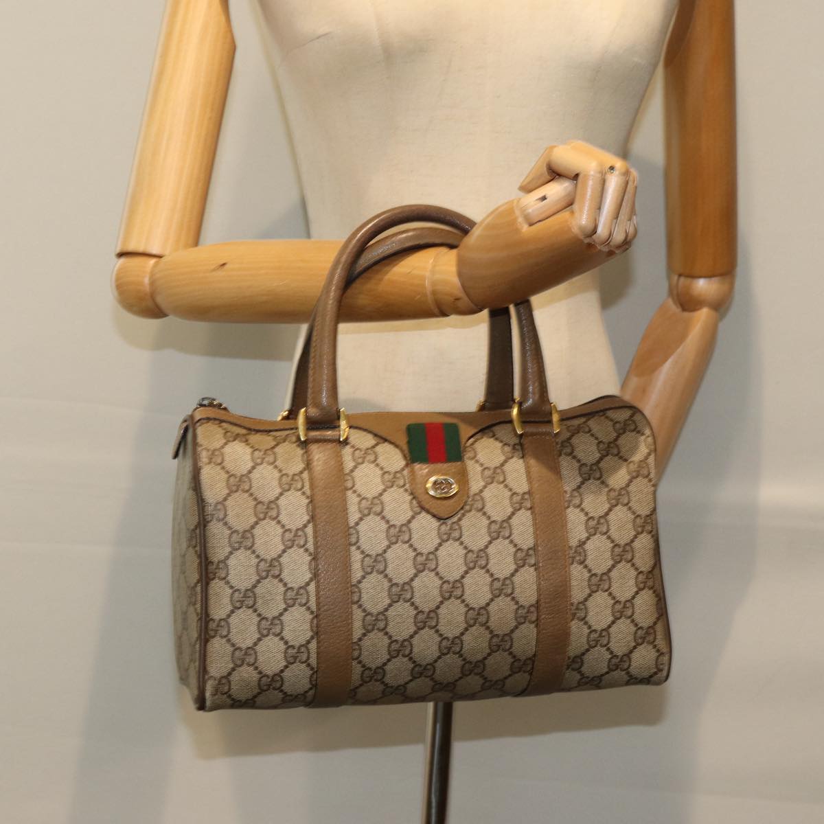 GUCCI GG Supreme Web Sherry Line Boston Bag PVC Beige Red 116 02 006 75968
