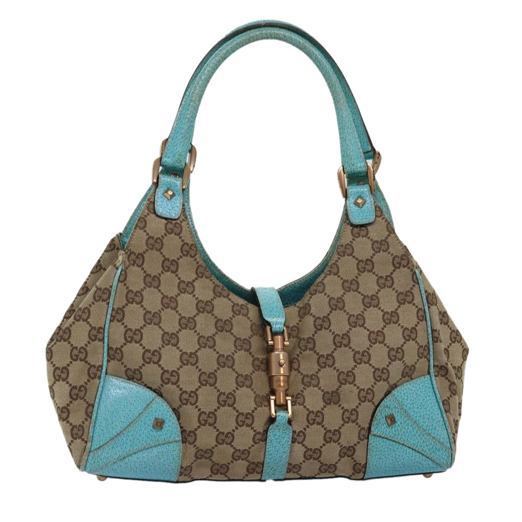 GUCCI GG Canvas Jackie Shoulder Bag Beige Light Blue 124407 75970