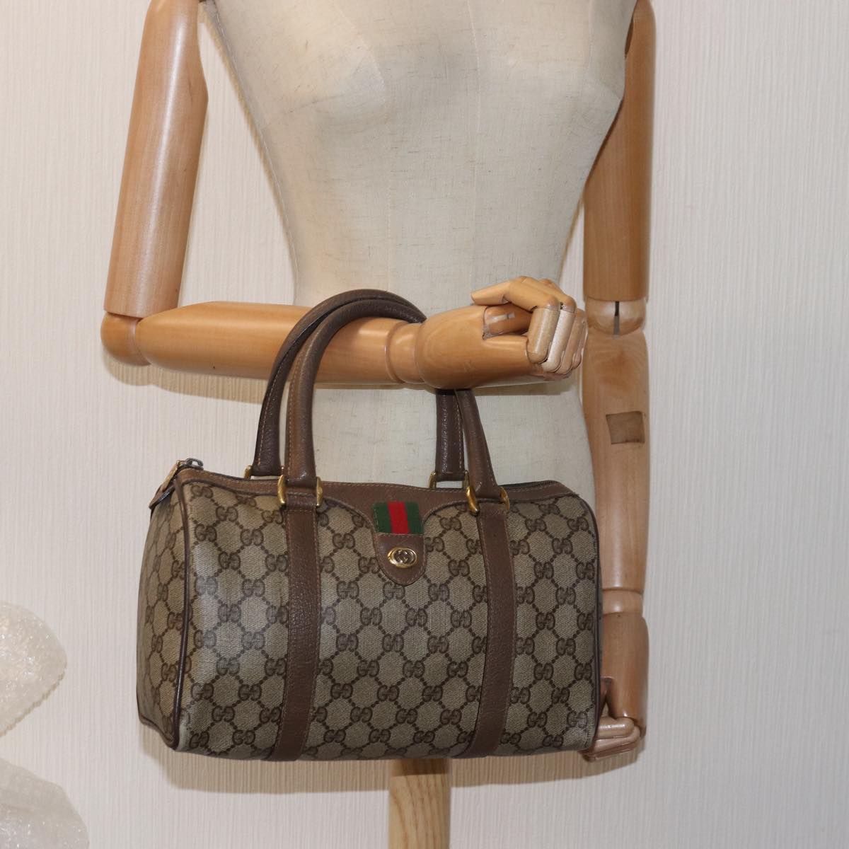 GUCCI GG Supreme Web Sherry Line Hand Bag PVC Beige Red 40 02 006 76193
