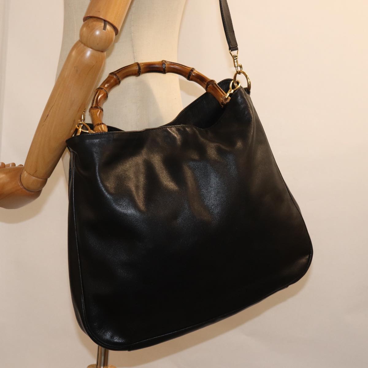 GUCCI Bamboo Shoulder Bag Leather 2way Black 001 1998 1577 76215