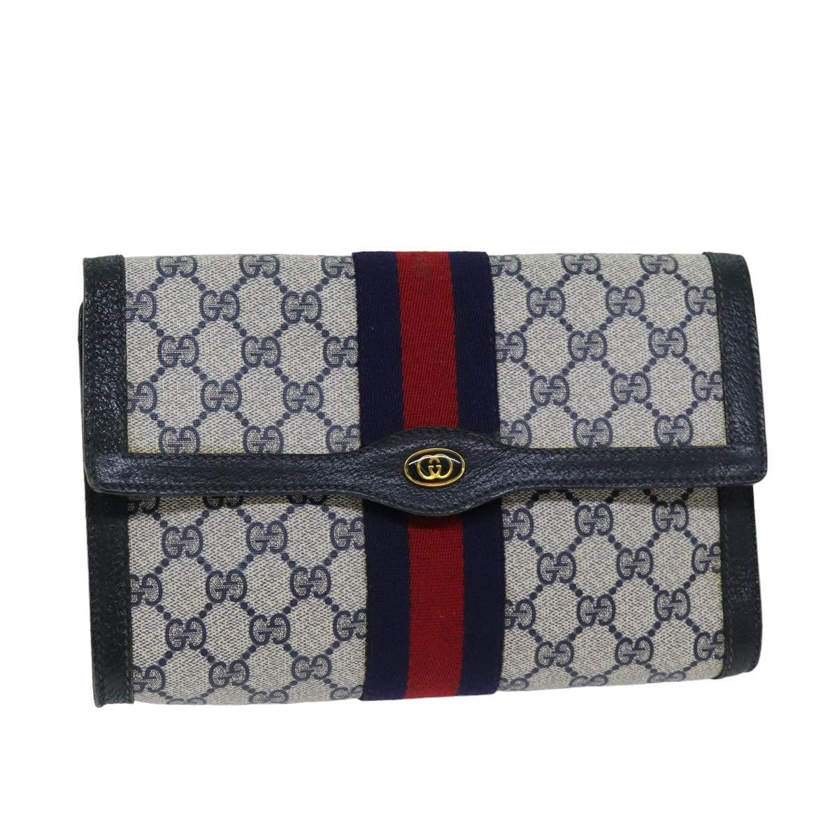 GUCCI GG Supreme Sherry Line Clutch Bag PVC Navy Red 84 01 006 76465