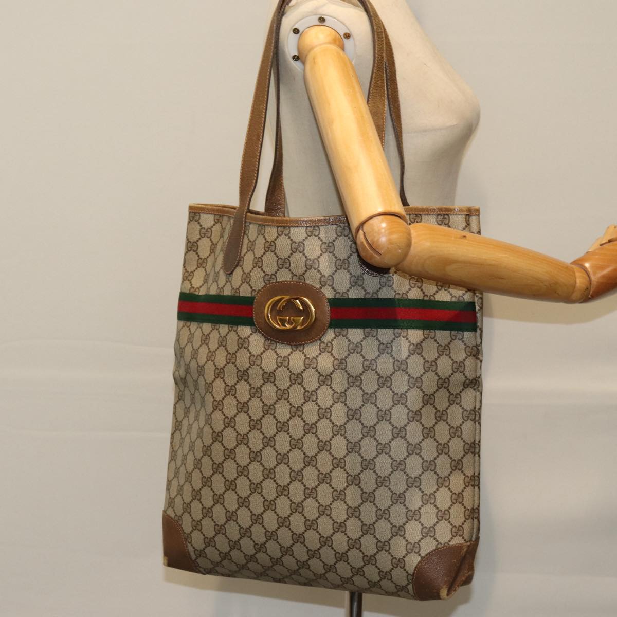 GUCCI GG Supreme Web Sherry Line Tote Bag PCV Beige Red 002 904 0131 76489