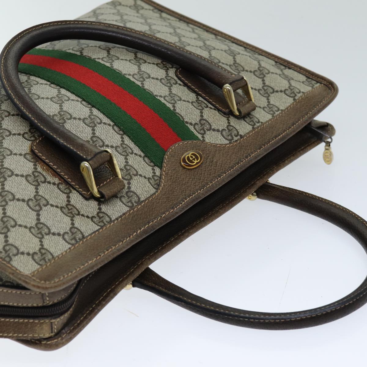 GUCCI GG Supreme Web Sherry Line Hand Bag PVC Beige Red Green 76635