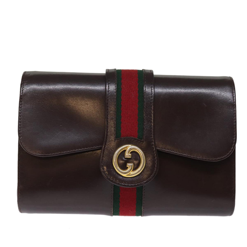 GUCCI Web Sherry Line Clutch Bag Leather Brown Red Green 76830
